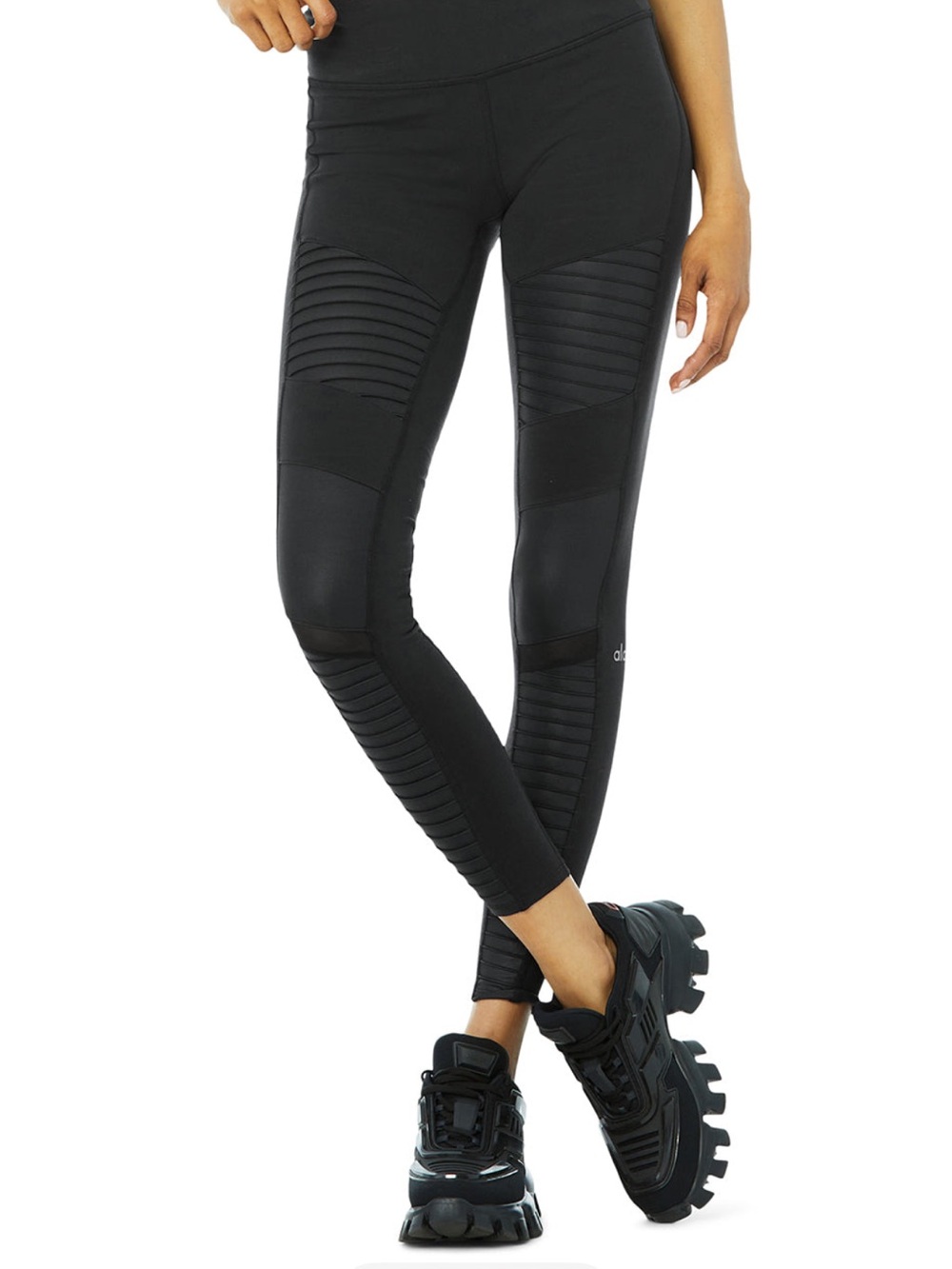 ALO Yoga Black Moto Ribbed-Panel Leggings